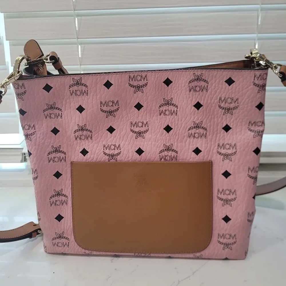 Authentic MCM Medium Klara Signature Visetos Logo Soft Pink Hobo Handbag